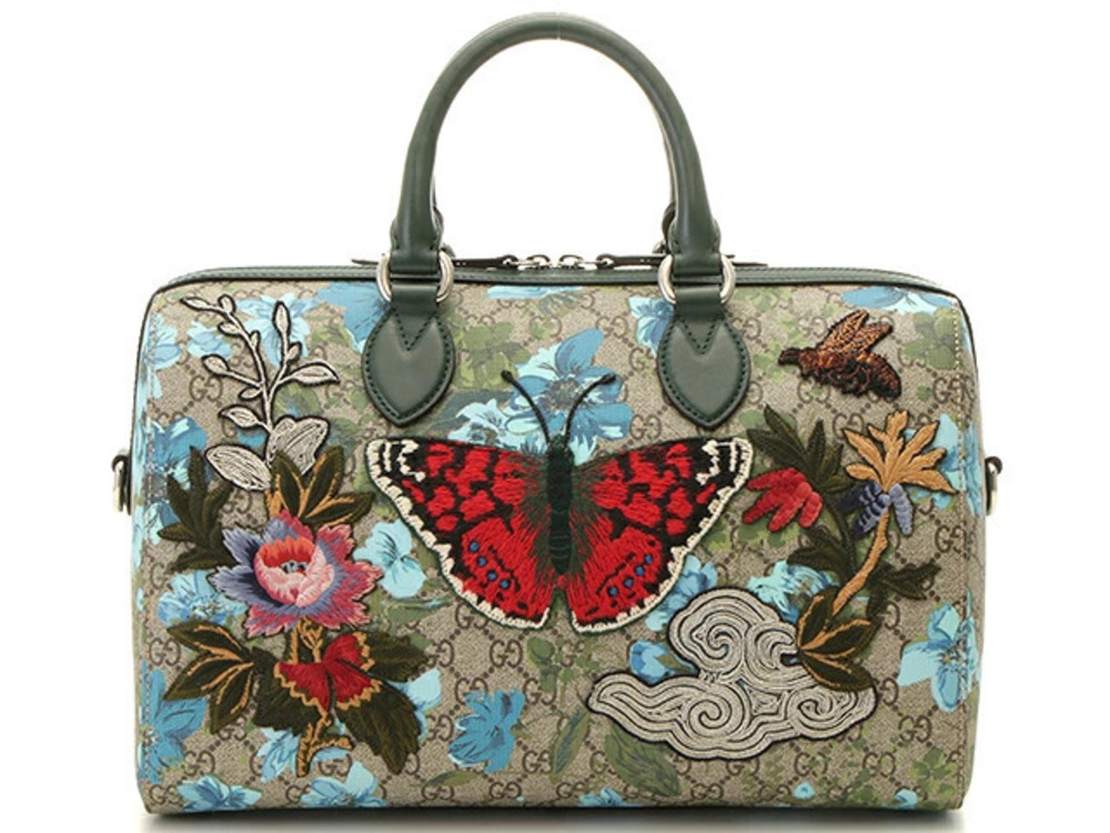 Gucci Floral Boston Bag GG Supreme Leather Beige Cream Green Butterfly Motif I